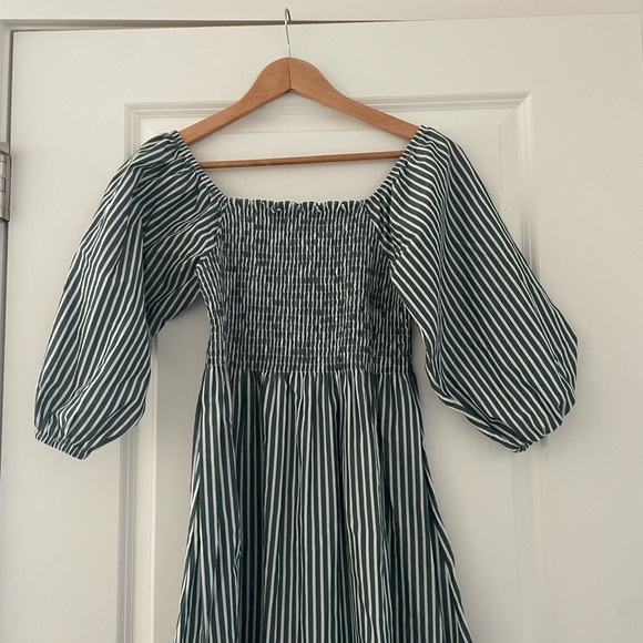 Maxwell & Geraldine Charlotte Smocked Striped Midi Dress Forest Green - Picture 7 of 10